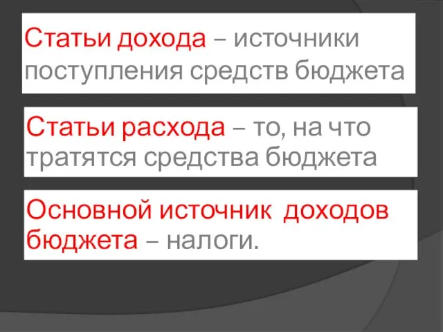 Статьи дохода – источники поступления средств бюджета Статьи расхода – то, на