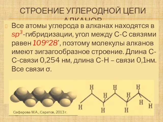 Строение углеродной цепи алканов Молекула метана Молекула этана - Атомы водорода Все