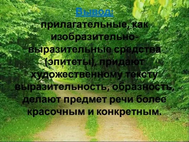 Вывод: прилагательные, как изобразительно-выразительные средства (эпитеты), придают художественному тексту выразительность, образность, делают