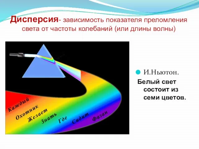 Дисперсия- зависимость показателя преломления света от частоты колебаний (или длины волны) И.Ньютон.