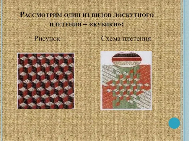 Рассмотрим один из видов лоскутного плетения – «кубики»: Рисунок Схема плетения