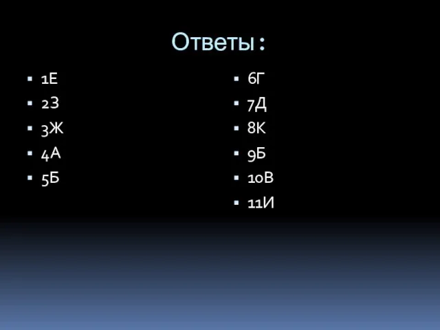 Ответы: 1Е 2З 3Ж 4А 5Б 6Г 7Д 8К 9Б 10В 11И