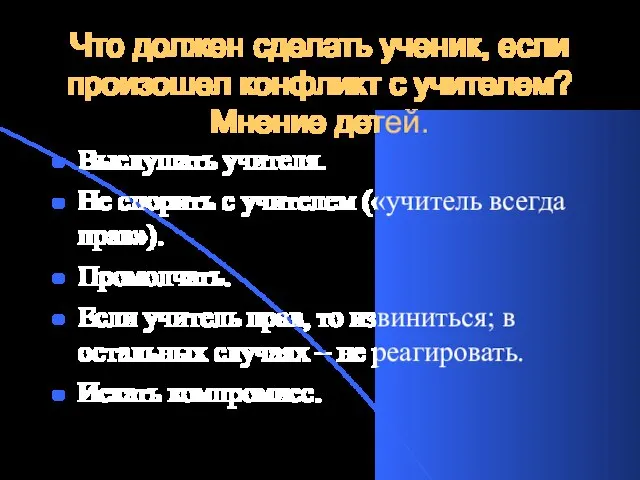 Что должен сделать ученик, если произошел конфликт с учителем? Мнение детей. Выслушать