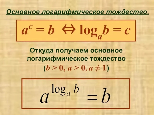 Основное логарифмическое тождество. ac = b ⇔ logab = c Откуда получаем