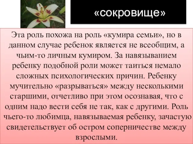 «сокровище» Эта роль похожа на роль «кумира семьи», но в данном случае