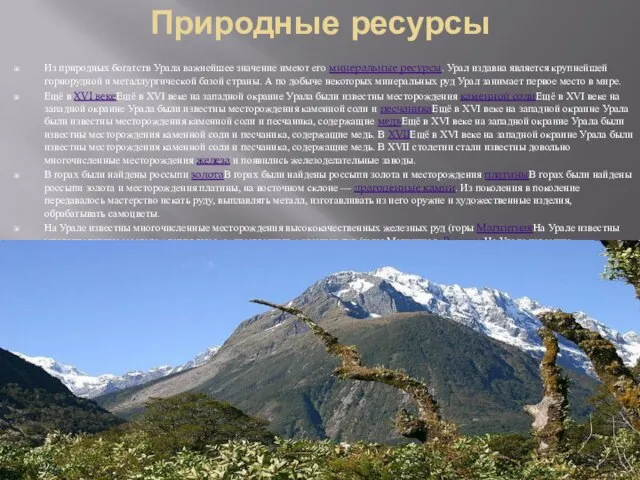 Природные ресурсы Из природных богатств Урала важнейшее значение имеют его минеральные ресурсы.