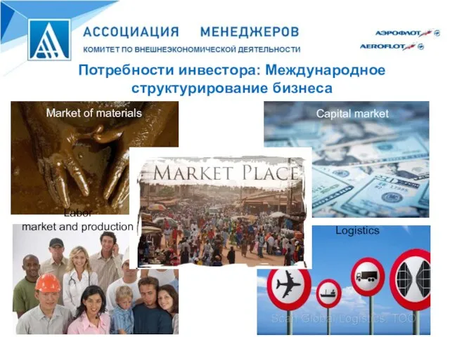 Потребности инвестора: Международное структурирование бизнеса Market of materials Labor market and production Capital market Logistics