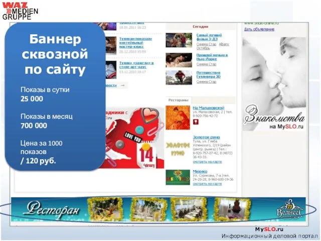 MySLO.ru Информационный деловой портал Баннер сквозной по сайту Показы в сутки 25