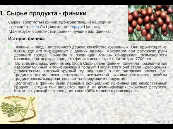 1. Сырье продукта - финики Сырье: золотистый финик, произрастающий на родине президента