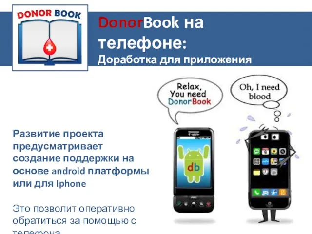 DonorBook на телефоне: Доработка для приложения Развитие проекта предусматривает создание поддержки на