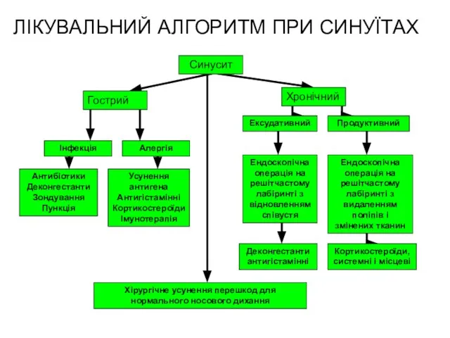 ЛІКУВАЛЬНИЙ АЛГОРИТМ ПРИ СИНУЇТАХ Хронічний Ексудативний Гострий Продуктивний Ендоскопічна операція на решітчастому