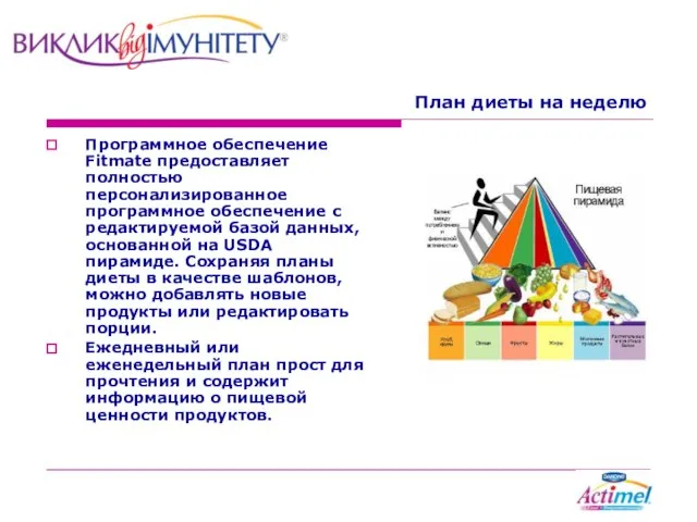 План диеты на неделю Программное обеспечение Fitmate предоставляет полностью персонализированное программное обеспечение