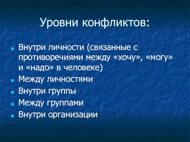 Уровни конфликтов: Внутри личности (связанные с противоречиями между «хочу», «могу» и «надо»