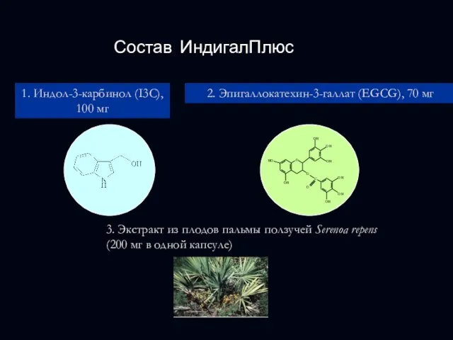 Состав ИндигалПлюс 2. Эпигаллокатехин-3-галлат (ЕGCG), 70 мг 1. Индол-3-карбинол (I3C), 100 мг