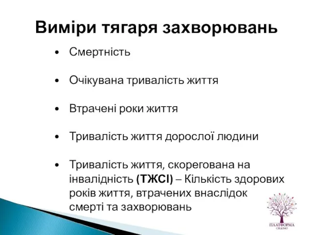 Смертність Очікувана тривалість життя Втрачені роки життя Тривалість життя дорослої людини Тривалість