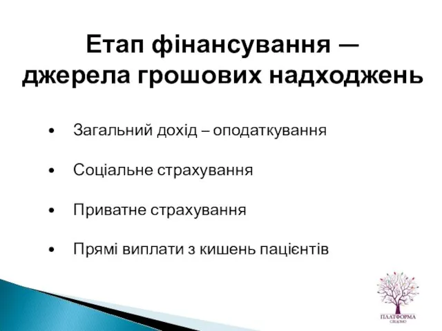 Загальний дохід – оподаткування Соціальне страхування Приватне страхування Прямі виплати з кишень