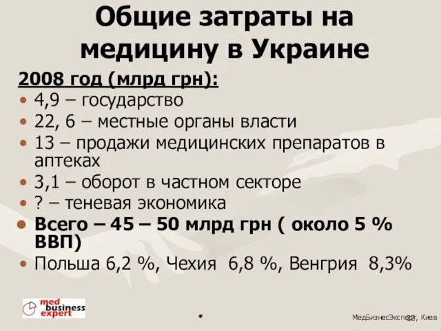 Общие затраты на медицину в Украине 2008 год (млрд грн): 4,9 –