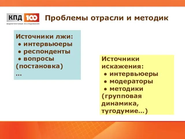 Источники лжи: ● интервьюеры ● респонденты ● вопросы (постановка) … Проблемы отрасли