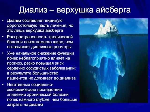 Диализ – верхушка айсберга Диализ составляет видимую дорогостоящую часть лечения, но это