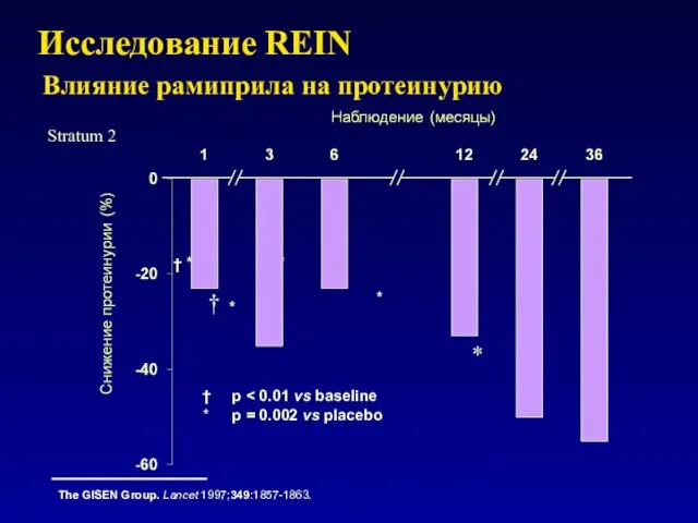 Исследование REIN * † Stratum 2 Влияние рамиприла на протеинурию