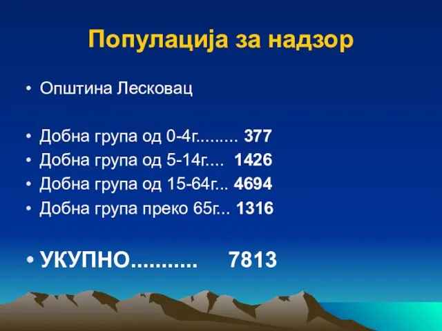 Популација за надзор Општина Лесковац Добна група од 0-4г......... 377 Добна група