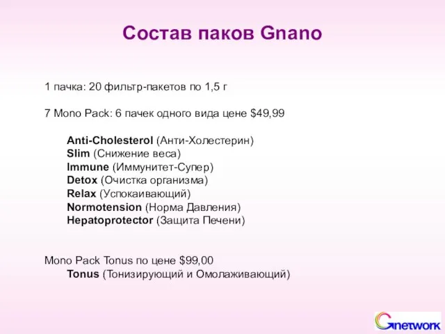 Состав паков Gnano 1 пачка: 20 фильтр-пакетов по 1,5 г 7 Mono