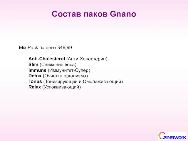 Состав паков Gnano Mix Pack по цене $49,99 Anti-Cholesterol (Анти-Холестерин) Slim (Снижение