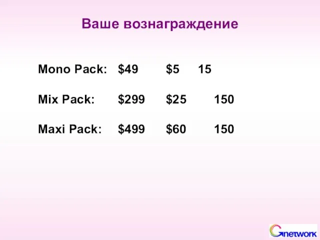 Ваше вознаграждение Mono Pack: $49 $5 15 Mix Pack: $299 $25 150