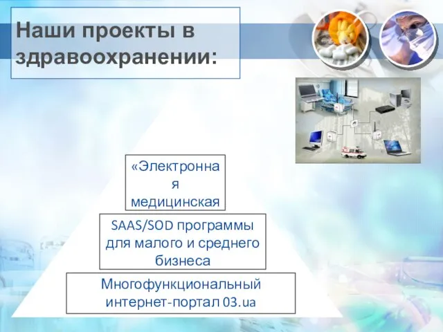 Наши проекты в здравоохранении: «Электронная медицинская карта 03» Многофункциональный интернет-портал 03.ua SAAS/SOD