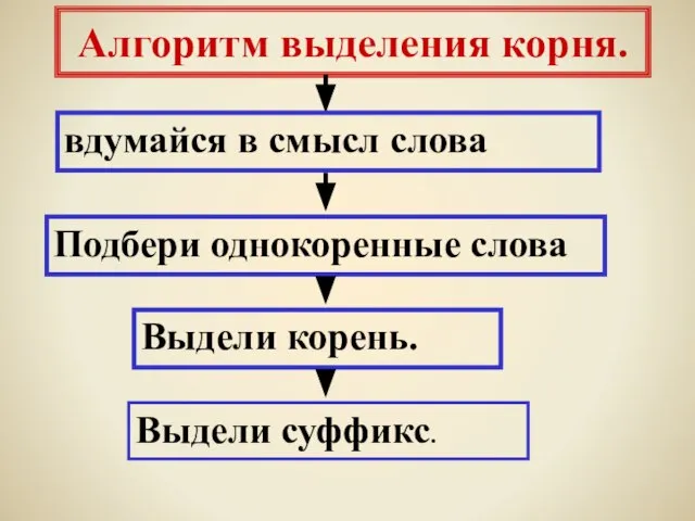 Алгоритм выделения корня. вдумайся в смысл слова Подбери однокоренные слова Выдели корень. Выдели суффикс.