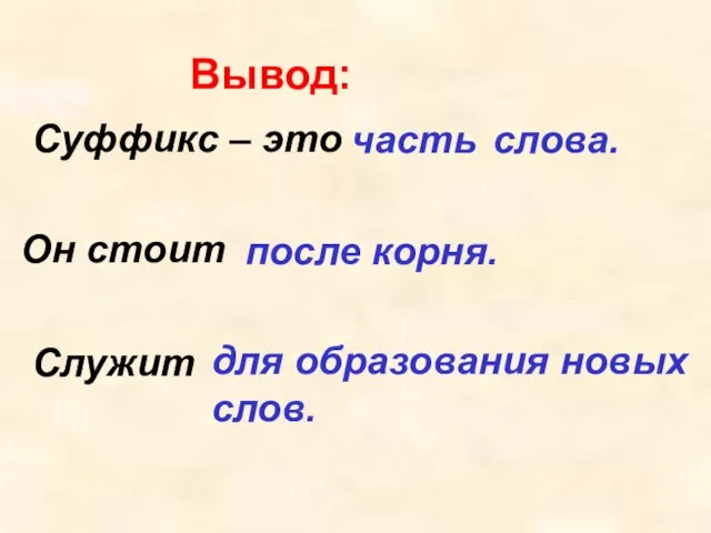 Вывод: часть слова. Суффикс – это Он стоит после корня. Служит для образования новых слов.