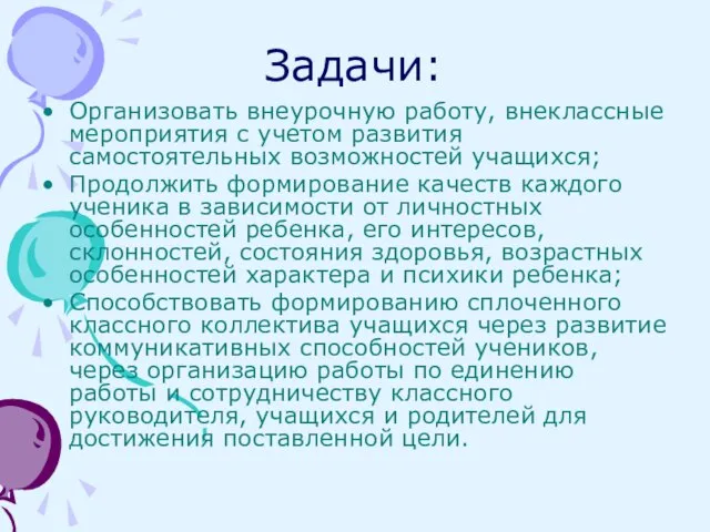 Задачи: Организовать внеурочную работу, внеклассные мероприятия с учетом развития самостоятельных возможностей учащихся;