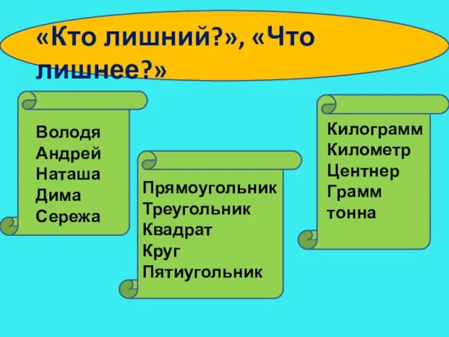 Володя Андрей Наташа Дима Сережа Килограмм Километр Центнер Грамм тонна Прямоугольник Треугольник