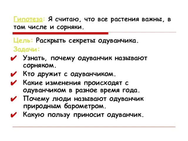 Гипотеза: Я считаю, что все растения важны, в том числе и сорняки.