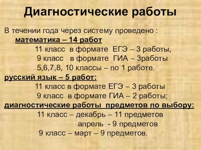 Диагностические работы В течении года через систему проведено : математика – 14