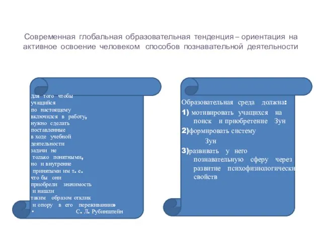 Современная глобальная образовательная тенденция – ориентация на активное освоение человеком способов познавательной