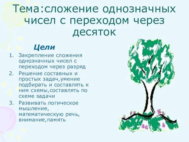 Тема:сложение однозначных чисел с переходом через десяток Цели Закрепление сложения однозначных чисел