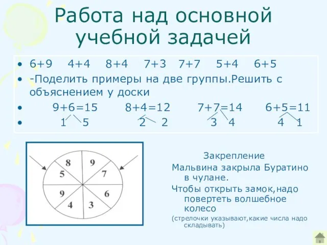 Работа над основной учебной задачей 6+9 4+4 8+4 7+3 7+7 5+4 6+5