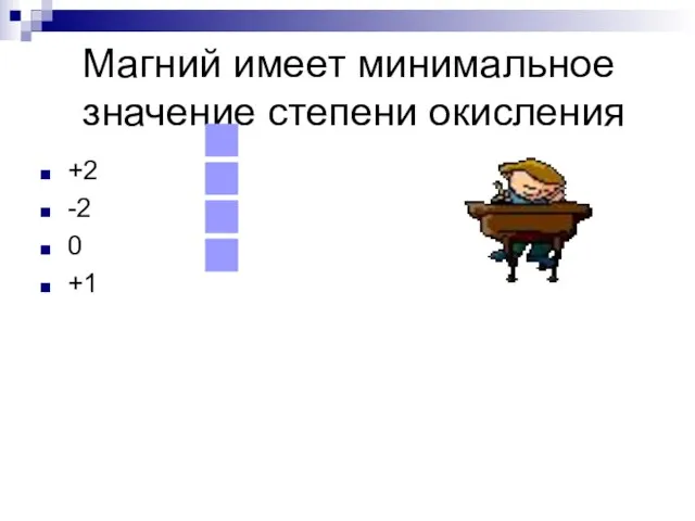 Магний имеет минимальное значение степени окисления +2 -2 0 +1