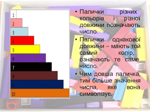 Палички різних кольорів і різної довжини позначають число. Палички однакової довжини –