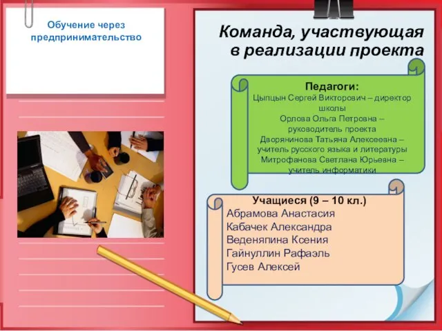 Обучение через предпринимательство Команда, участвующая в реализации проекта Педагоги: Цыпцын Сергей Викторович