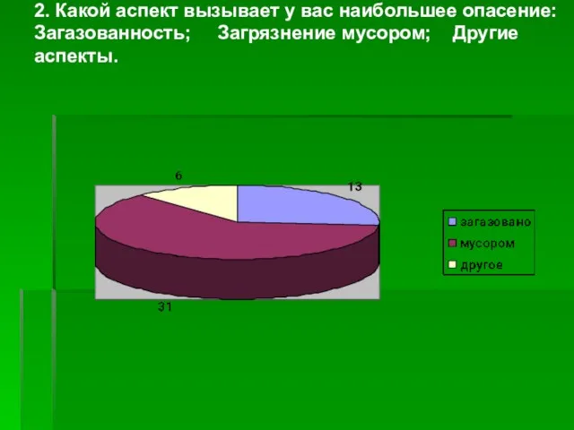 2. Какой аспект вызывает у вас наибольшее опасение: Загазованность; Загрязнение мусором; Другие аспекты.