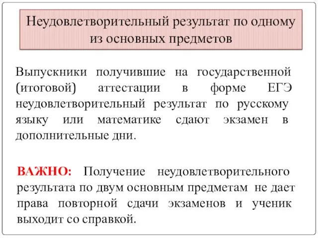 Неудовлетворительный результат по одному из основных предметов Выпускники получившие на государственной (итоговой)