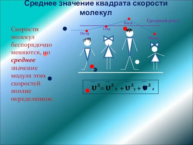 Среднее значение квадрата скорости молекул Скорости молекул беспорядочно меняются, но среднее значение