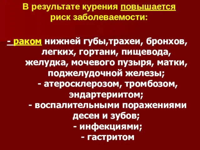 - раком нижней губы,трахеи, бронхов, легких, гортани, пищевода, желудка, мочевого пузыря, матки,