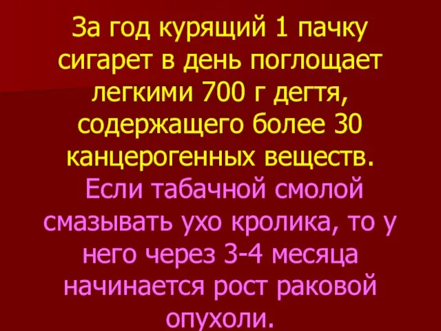 За год курящий 1 пачку сигарет в день поглощает легкими 700 г