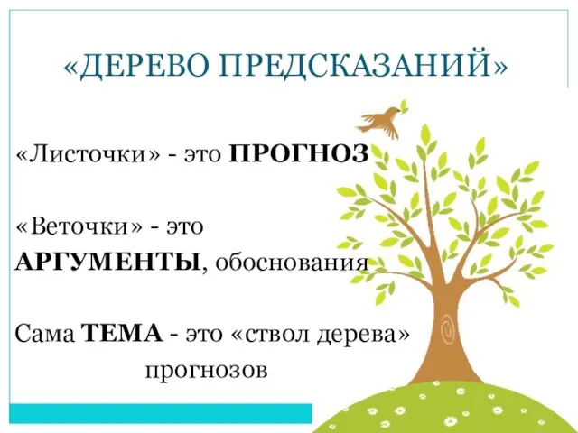 «ДЕРЕВО ПРЕДСКАЗАНИЙ» «Листочки» - это ПРОГНОЗ «Веточки» - это АРГУМЕНТЫ, обоснования Сама