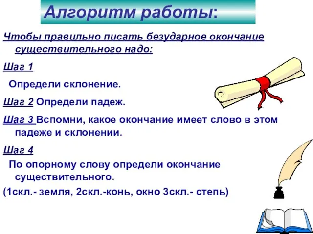 Чтобы правильно писать безударное окончание существительного надо: Шаг 1 Определи склонение. Шаг