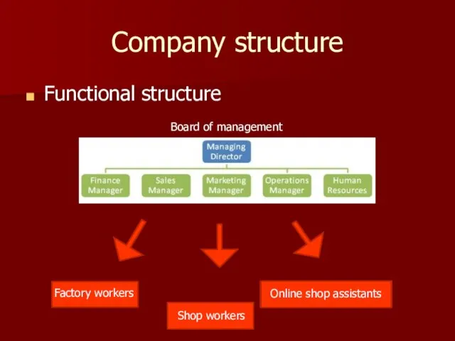 Company structure Functional structure Board of management Factory workers Shop workers Online shop assistants