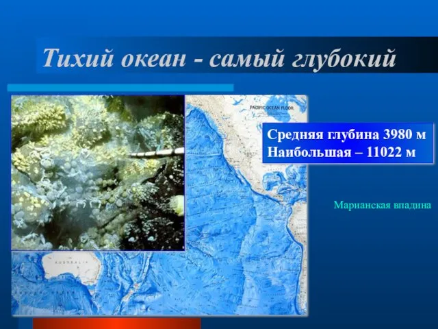 Тихий океан - самый глубокий Средняя глубина 3980 м Наибольшая – 11022 м Марианская впадина